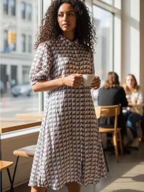 Who What Wear Black and Pink Geometric Midi Shirt Dress